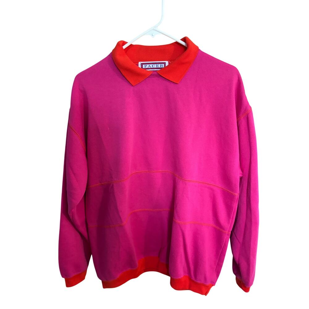 Vintage Pacer Hot Pink Red Collared Sweatshirt Pullover 80's M Retro Preppy